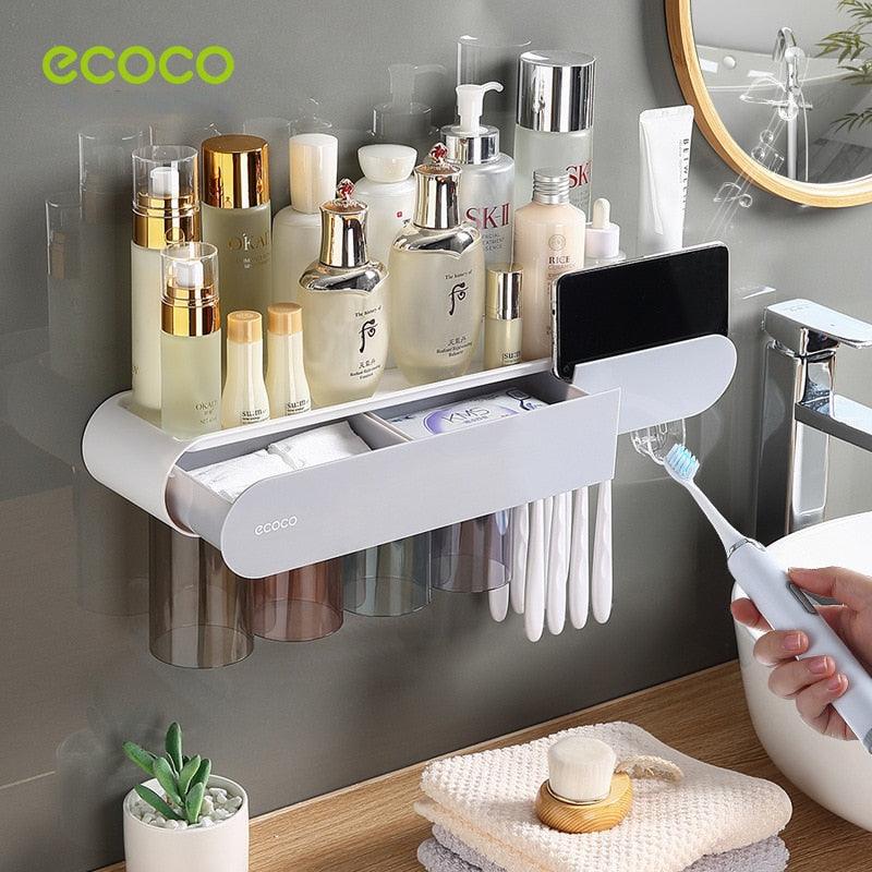 ECOCO Multi-functional Toothbrush Holder Bathroom Accessories Set without Drilling Wall Mounted Cups Makeup Storage Organazers Ja Inovei